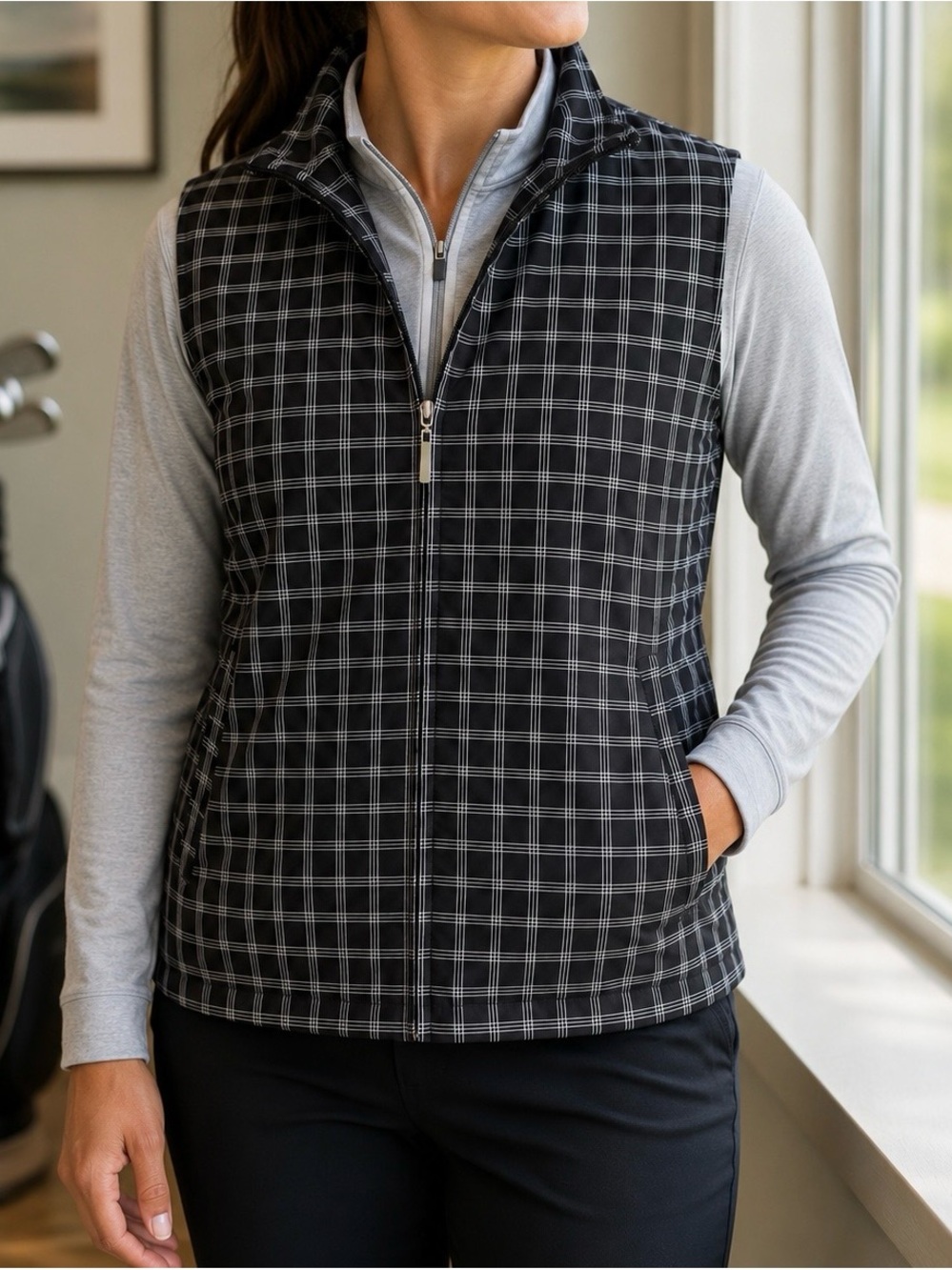 Ashworth Weather Systems Black Plaid Water-Resistant Golf Vest Size Medium